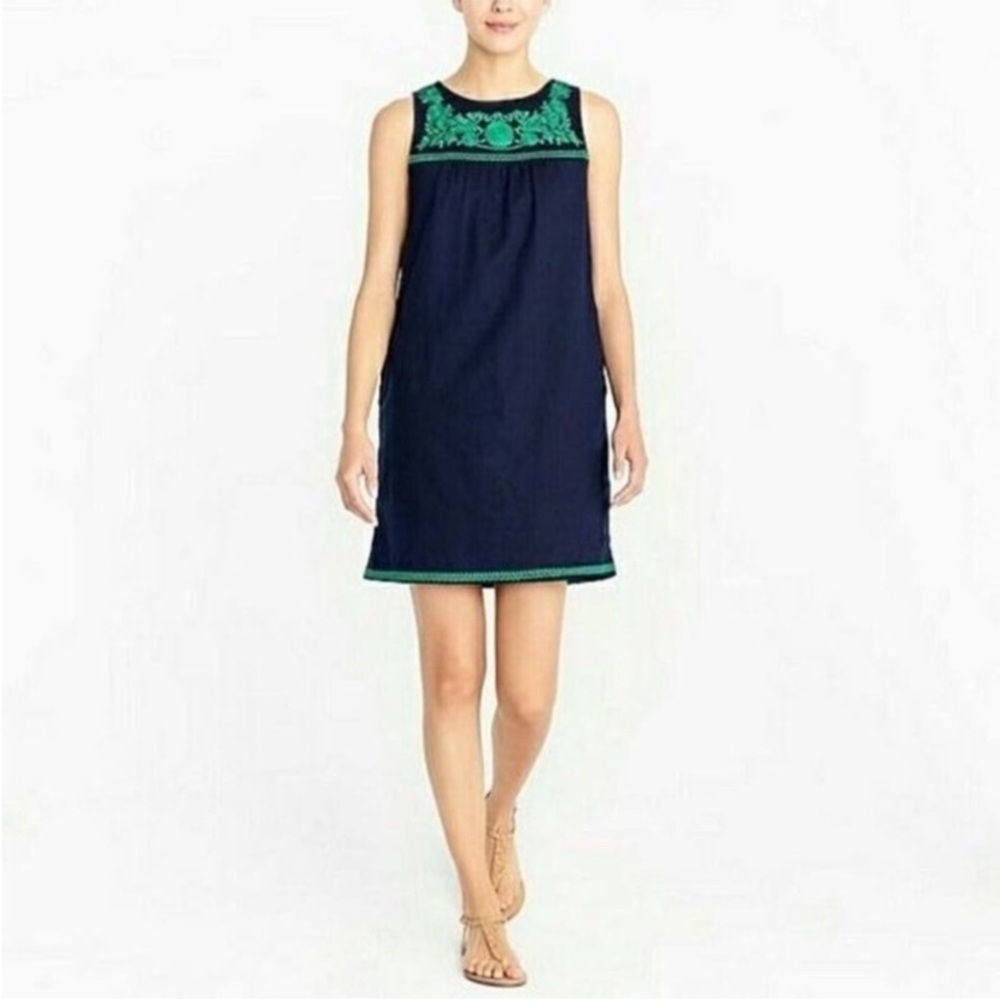 J CREW Linen Blend Embroidered Boho Shift Dress Navy Green Sleeveless Sz XXS 382